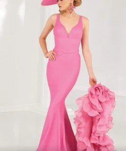 MNM COUTURE - 2575 Deep V-neck Trumpet Dress With Ruffled Shawl