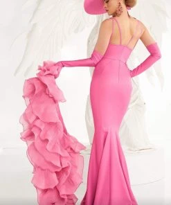 MNM COUTURE - 2575 Deep V-neck Trumpet Dress With Ruffled Shawl