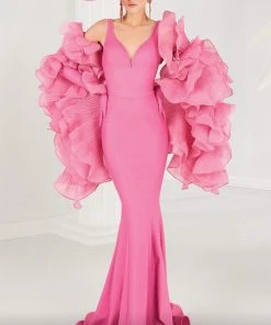 MNM COUTURE - 2575 Deep V-neck Trumpet Dress With Ruffled Shawl