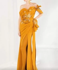 MNM COUTURE - 2579 Sequined Asymmetric Neck Fitted Dress