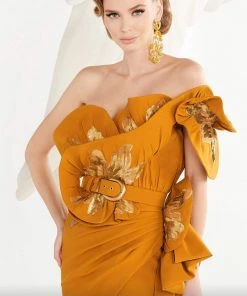 MNM COUTURE - 2579 Sequined Asymmetric Neck Fitted Dress