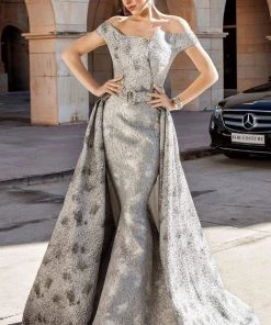 MNM COUTURE - F00590 Metallic Mermaid Overskirt Long Gown