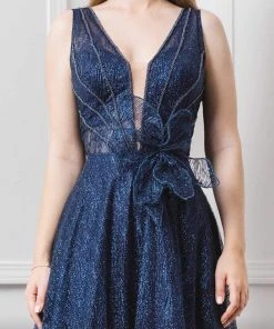 MNM COUTURE - F00625 Embroidered Deep V-neck A-line Gown 7 MNM COUTURE - F00625 Embroidered Deep V-neck A-line Gown