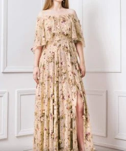 MNM COUTURE - F4468 Ruffle Flounce 3D Floral A-Line Dress With Capelet 11 MNM COUTURE - F4468 Ruffle Flounce 3D Floral A-Line Dress With Capelet