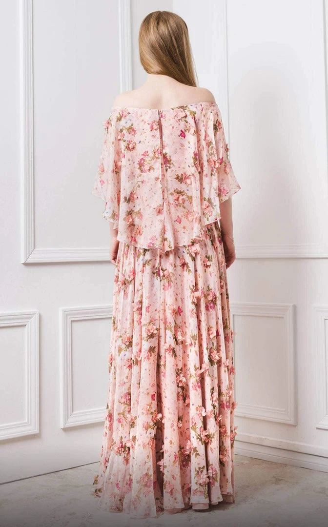 MNM COUTURE - F4468 Ruffle Flounce 3D Floral A-Line Dress With Capelet 4 MNM COUTURE - F4468 Ruffle Flounce 3D Floral A-Line Dress With Capelet