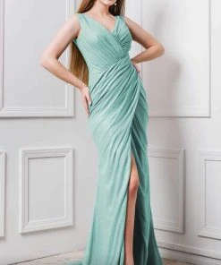 MNM COUTURE - F6265 V-neck Wrapped Trumpet Dress With Slit
