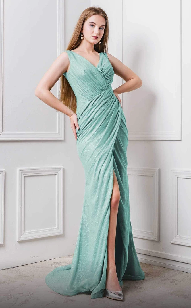 MNM COUTURE - F6265 V-neck Wrapped Trumpet Dress With Slit 3 MNM COUTURE - F6265 V-neck Wrapped Trumpet Dress With Slit