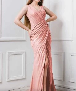 MNM COUTURE - F6265 V-neck Wrapped Trumpet Dress With Slit 13 MNM COUTURE - F6265 V-neck Wrapped Trumpet Dress With Slit