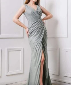 MNM COUTURE - F6265 V-neck Wrapped Trumpet Dress With Slit 9 MNM COUTURE - F6265 V-neck Wrapped Trumpet Dress With Slit