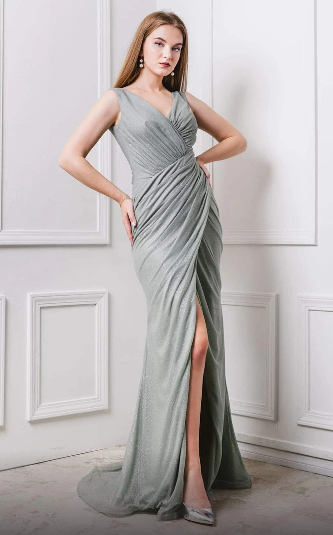 MNM COUTURE - F6265 V-neck Wrapped Trumpet Dress With Slit 4 MNM COUTURE - F6265 V-neck Wrapped Trumpet Dress With Slit