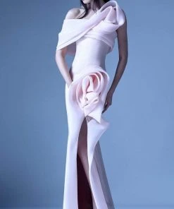 MNM Couture - G0935 One Shoulder 3D Floral Accent Fitted Gown W Slit