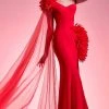 MNM COUTURE - G1211 Asymmetrical Fringed High Slit Mermaid Gown
