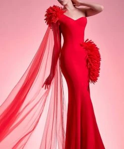 MNM COUTURE - G1211 Asymmetrical Fringed High Slit Mermaid Gown