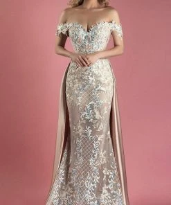 MNM Couture - K3556 Off The Shoulder Applique Gown With Overskirt