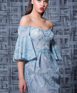 MNM Couture - K3588 Embroidered Off-Shoulder Bell Sleeve Sheath Dress