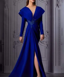 MNM COUTURE - K3852 Pleated Long Sleeves Dress With Slit
