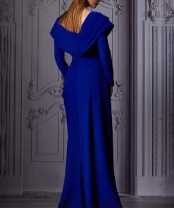 MNM COUTURE - K3852 Pleated Long Sleeves Dress With Slit