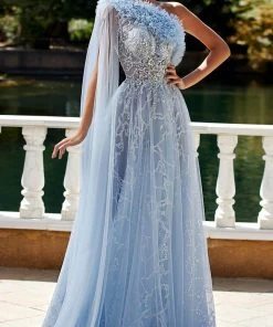 MNM Couture K3924 - Asymmetrical Lace Ruffled Neckline