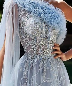 MNM Couture K3924 - Asymmetrical Lace Ruffled Neckline