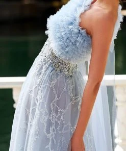 MNM Couture K3924 - Asymmetrical Lace Ruffled Neckline