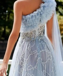 MNM Couture K3924 - Asymmetrical Lace Ruffled Neckline