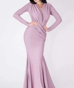 MNM COUTURE - L0002B Long Sleeve V-neck Trumpet Dress