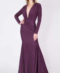 MNM COUTURE - L0002B Long Sleeve V-neck Trumpet Dress