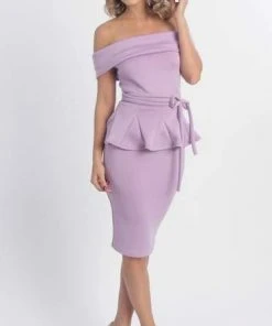 MNM COUTURE - L0003 Folded Off Shoulder Peplum Sheath Dress
