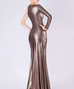 MNM COUTURE - L0049A Long Cutaway Bodice High Slit Metallic Gown
