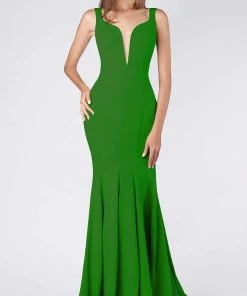 MNM COUTURE - M0008 Illusion V Neck Crepe Trumpet Evening Gown