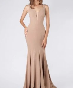 MNM COUTURE - M0008 Illusion V Neck Crepe Trumpet Evening Gown