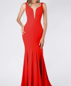 MNM COUTURE - M0008 Illusion V Neck Crepe Trumpet Evening Gown