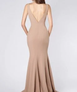 MNM COUTURE - M0008 Illusion V Neck Crepe Trumpet Evening Gown