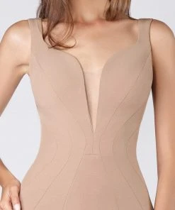 MNM COUTURE - M0008 Illusion V Neck Crepe Trumpet Evening Gown