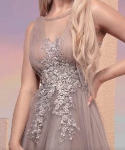 MNM COUTURE M0095 - Floral Applique Tulle Evening Dress 8 MNM COUTURE M0095 - Floral Applique Tulle Evening Dress