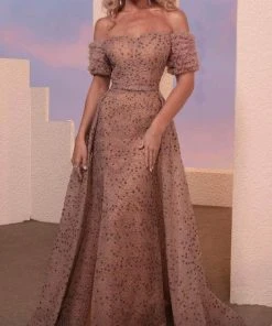 MNM COUTURE M0100 - Off Shoulder Overskirt Evening Dress