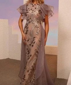 MNM COUTURE M0101 - Ruffled Short Sleeve Jewel Neck Evening Gown