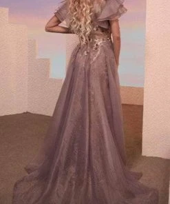 MNM COUTURE M0101 - Ruffled Short Sleeve Jewel Neck Evening Gown