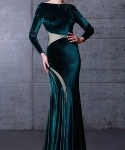 MNM COUTURE - N0068 Long Sleeve Velvet Long Dress