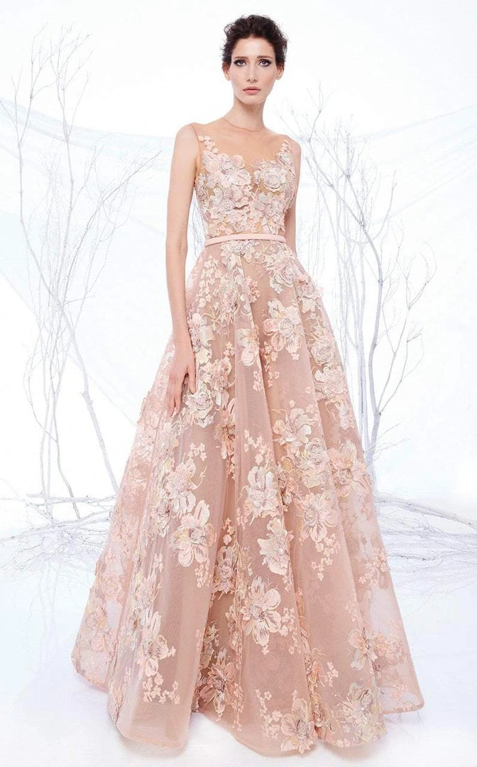 MNM Couture - N0194 Floral Embroidered Illusion Pleated Gown 3 MNM Couture - N0194 Floral Embroidered Illusion Pleated Gown