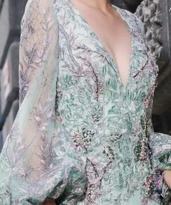 MNM COUTURE - N0309 Embellished Deep V-neck Trumpet Dress