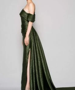 MNM Couture - N0356 Asymmetric Off-Shoulder Drape Train Evening Gown
