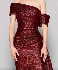 MNM Couture - N0356 Asymmetric Off-Shoulder Drape Train Evening Gown