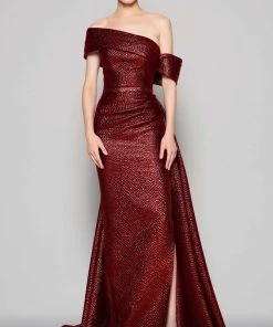 MNM Couture - N0356 Asymmetric Off-Shoulder Drape Train Evening Gown
