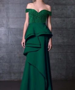 MNM Couture - Peplum Off-Shoulder Evening Gown N0104