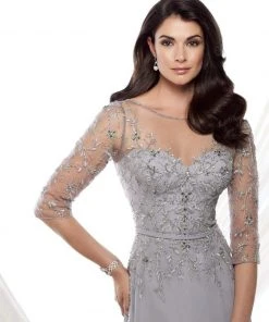 Mon Cheri - 115971 Illusion Quarter Sleeve Beaded Chiffon Dress - 1 Pc Navy In Size 6 Available