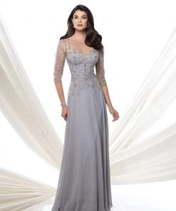 Mon Cheri - 115971 Illusion Quarter Sleeve Beaded Chiffon Dress - 1 Pc Navy In Size 6 Available