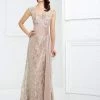 Mon Cheri 217954 Queen Anne Neckline Metallic Lace Long Gown - 1 Pc. Champagne In Size 4 Available