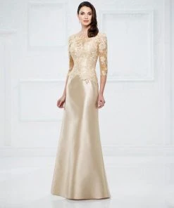 Mon Cheri 217955 Quarter Sleeve Lace Mikado Evening Gown