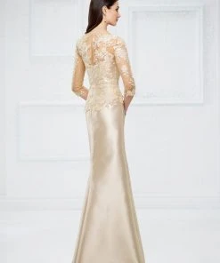 Mon Cheri 217955 Quarter Sleeve Lace Mikado Evening Gown